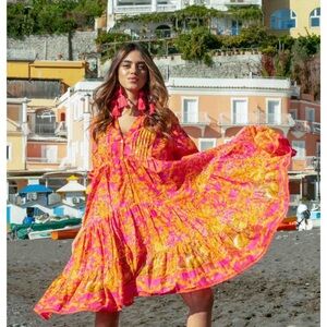 Antica Sartoria 2026 Vibrant Pink & Orange Floral Tiered Summer Dress NWT O/S